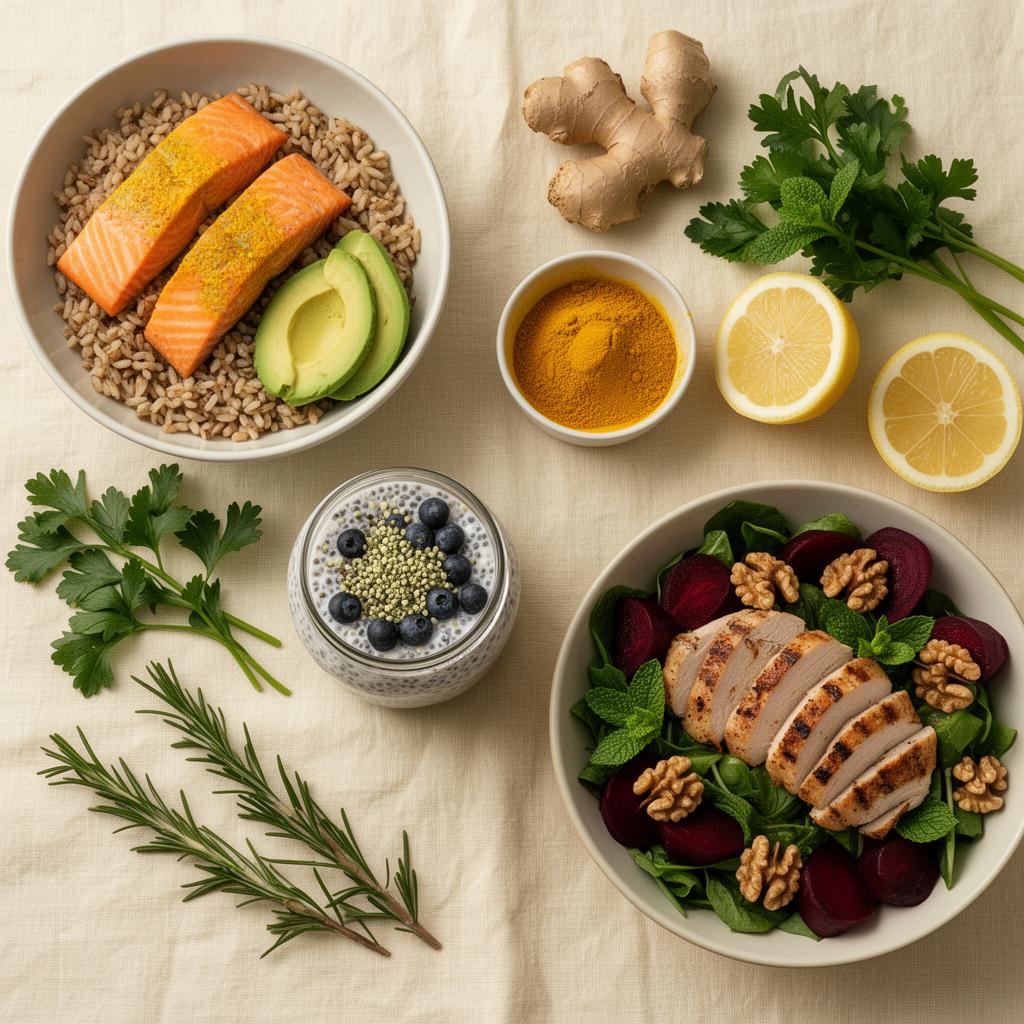 An overhead spread of anti-inflammatory meals from Luba's plan
